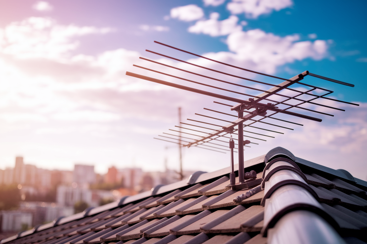 antenne-tv-toit-ciel-nuages-ville-floue