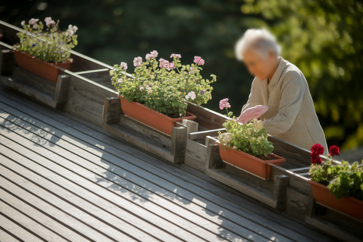 terrasse-bois-pots-fleurs-personne-agee